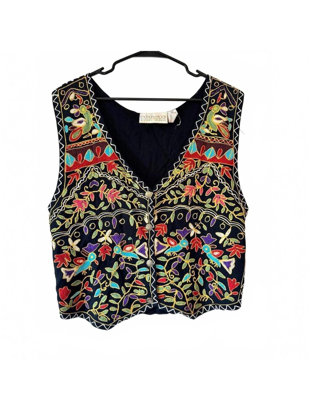 Vintage Embroidered Floral Bird Vest Top Black Multicolor